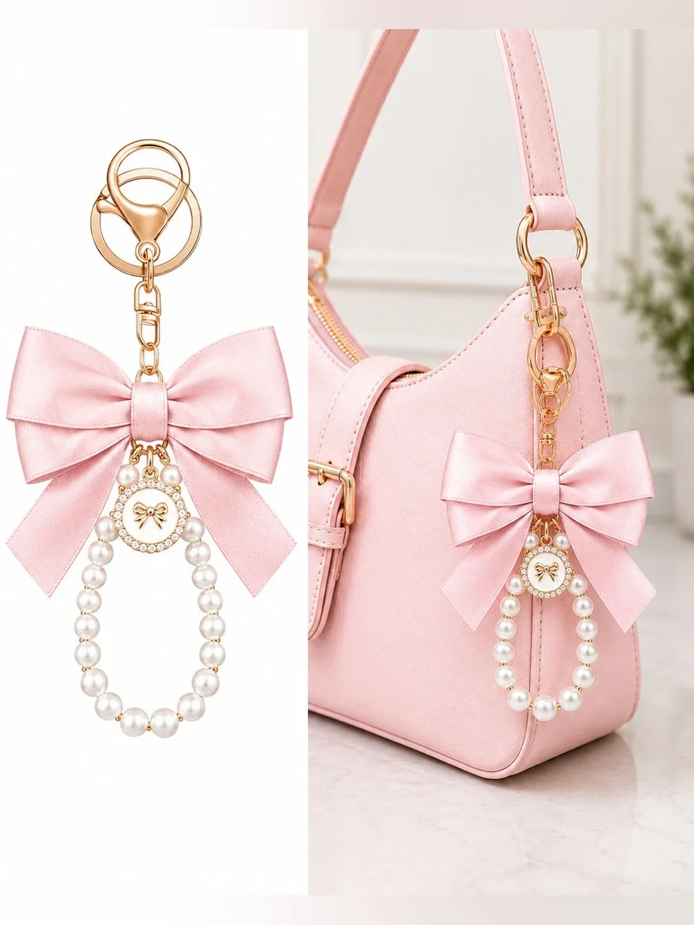 Elegant Pink Bow & Pearl Bag Charm Keychain